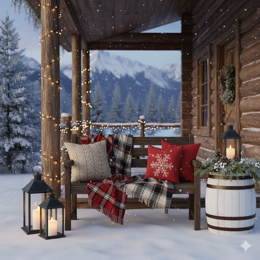 9 2025 winter pic with wooden bench and lanterns plus whiskey barrel 9 2025 winter pic with wooden bench and lanterns plus whiskey barrel