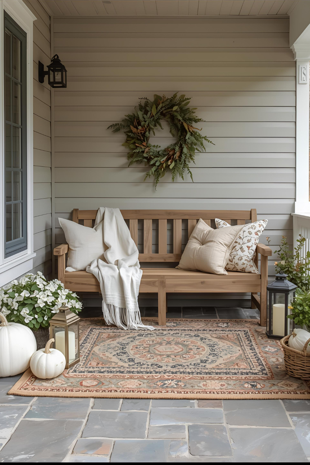 Home porch with wooden bench fall pinterest